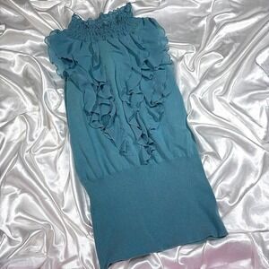 y2k ruffled Knit Top Teal Blue Smocked High Neck Sleeveless Tracy M.